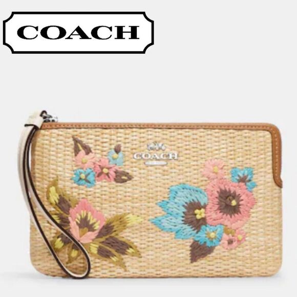 Coach Hawaiian Tropical Floral Embroidery Seagrass/Wicker Wristlet (Large)
